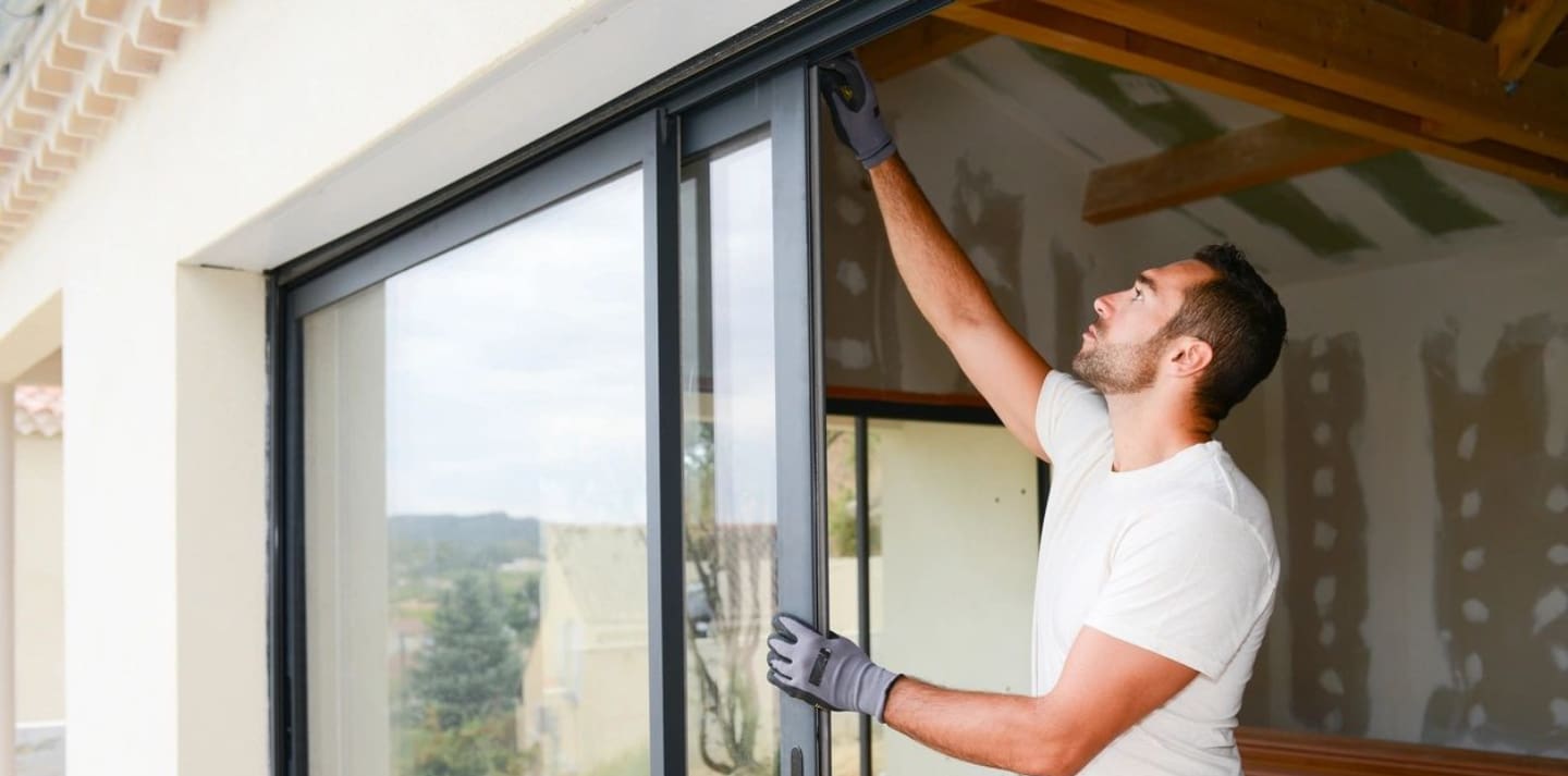 Man installing bay window in a new house